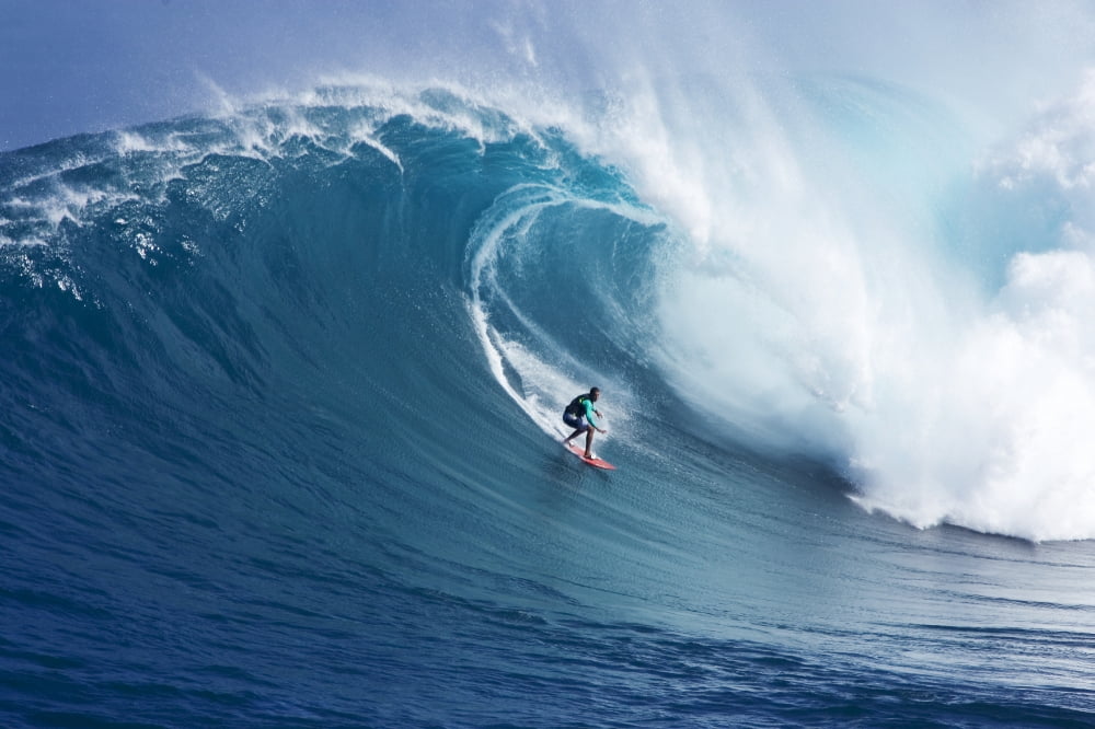 Hawaii Maui Yuri Farrant Surfs Huge Wave At Jaws Aka Peahi Canvas Art - Ron Dahlquist Design Pics (34 x 22)
