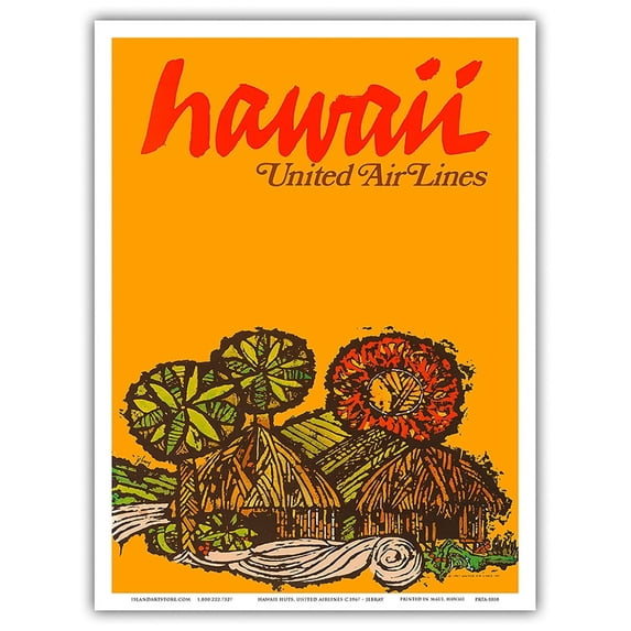 Hawaii - Native Hawaiian Grass Huts - United Air Lines - Vintage Hawaiian Travel Poster by James Jebavy c.1967 - Master Art Print (Unframed) 9in x 12in