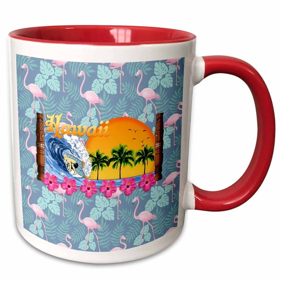 3drose, Hawaii North Shore Surfing Beach Vacation Design with Flamingos., 11oz Two-tone Red Mug