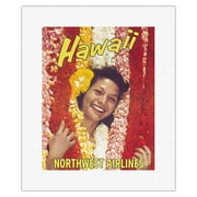Hawaii - Northwest Airlines - Flower Leis - Vintage Hawaiian Travel Poster c.1960 - Fine Art Rolled Canvas Print (Unframed) 11in x 14in