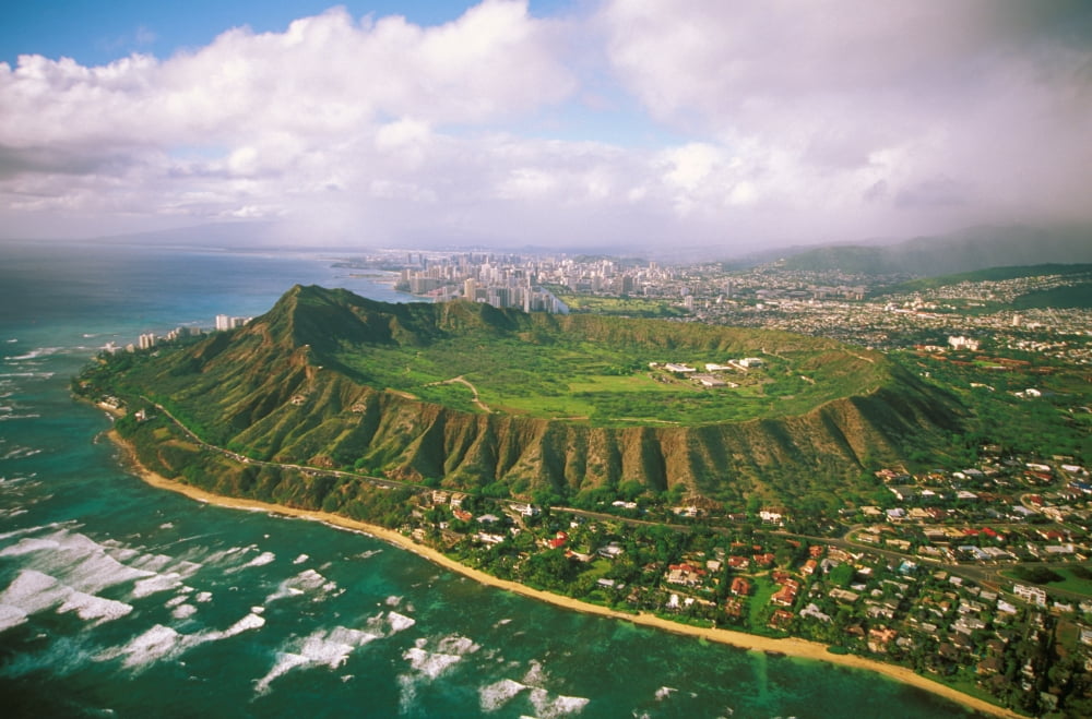 Hawaii Oahu Aerial Of Diamond Head Crater With Coastline View Kahala Homes Foreground And Waikiki Hotels Background Canvas Art - Tomas del Amo Design Pics (34 x 22)