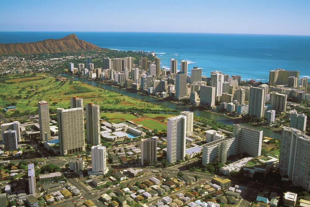Hawaii Oahu Aerial View Of Diamond Head Waikiki And Golf Course Near Ocean Canvas Art - Carl Shaneff Design Pics (34 x 24)