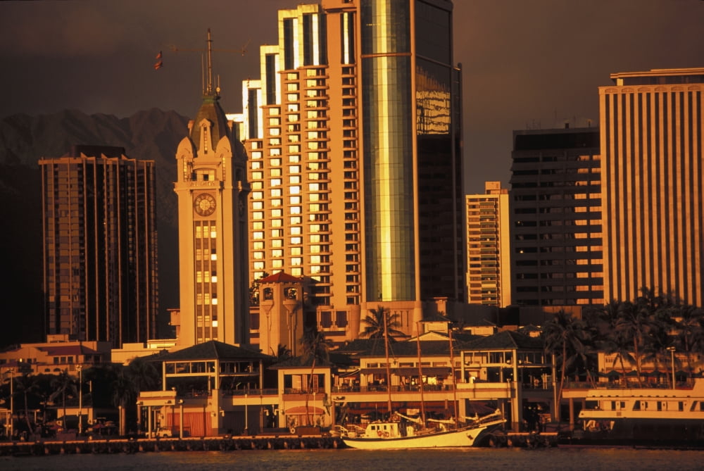 Hawaii Oahu Aloha Tower Honolulu Harbor And Downtown Cast In A Golden Hue Canvas Art - Dana Edmunds Design Pics (17 x 11)