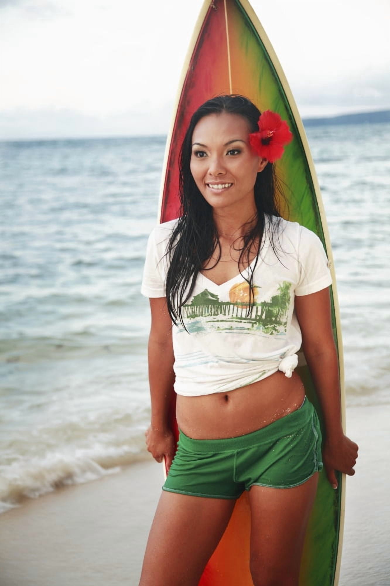 Hawaii Oahu Beautiful Local Girl Smiling And Holding A Colorful Surfboard At The Beach Canvas Art - Brandon Tabiolo Design Pics (11 x 17)