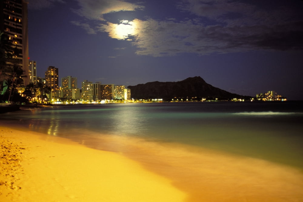 Hawaii Oahu Diamond Head At Night Moon Hidden Behind Clouds Bright Yellow Sand Skyline Illuminated Canvas Art - Robert Sablan Design Pics (17 x 11)