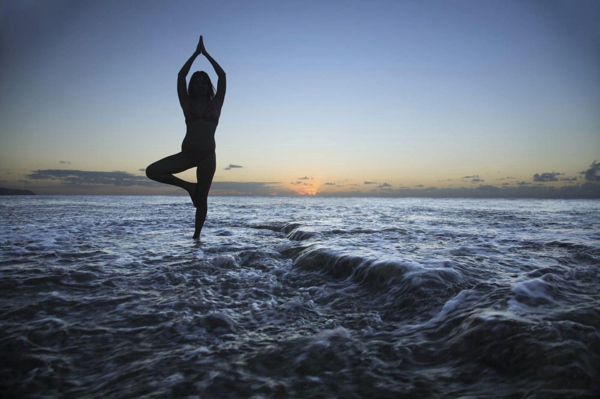 Hawaii Oahu Fit Young Girl On The Beach Doing Yoga On The Rocky Coastline Canvas Art - Brandon Tabiolo Design Pics (34 x 22)