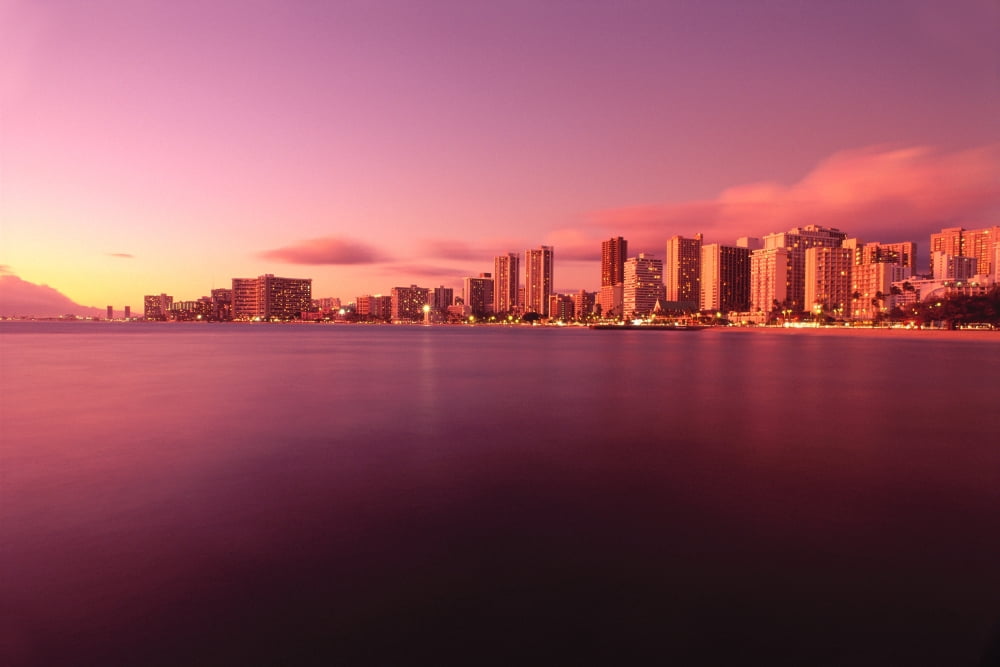 Hawaii Oahu Honolulu Waikiki At Sunset View From Across Ocean Purple Pink Golden Hues Reflections On Water Skies Canvas Art - Carl Shaneff Design Pics (19 x 12)