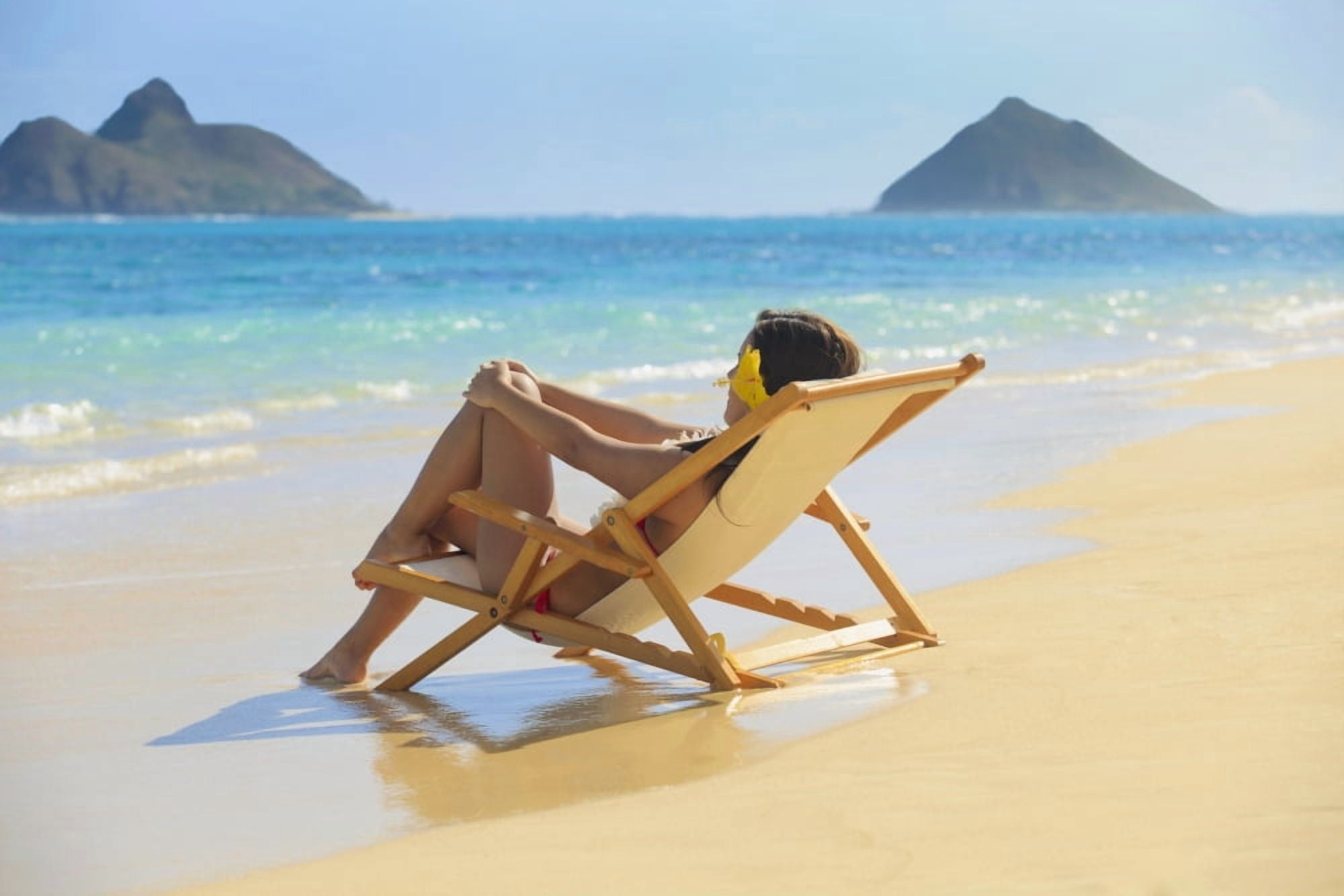 Hawaii Oahu Kailua Lanikai Beautiful woman lounges on a remote beach Canvas Art - Tomas del Amo Design Pics (19 x 12)