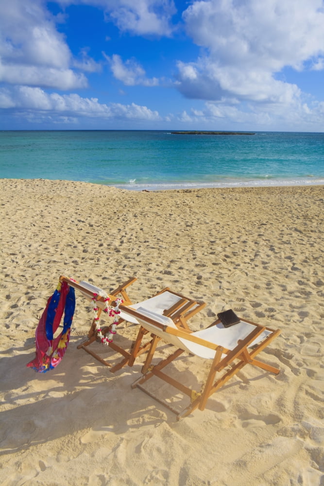 Hawaii Oahu Kailua Two lounge chairs on the white sandy beach of Lanikai Canvas Art - Tomas del Amo Design Pics (12 x 19)