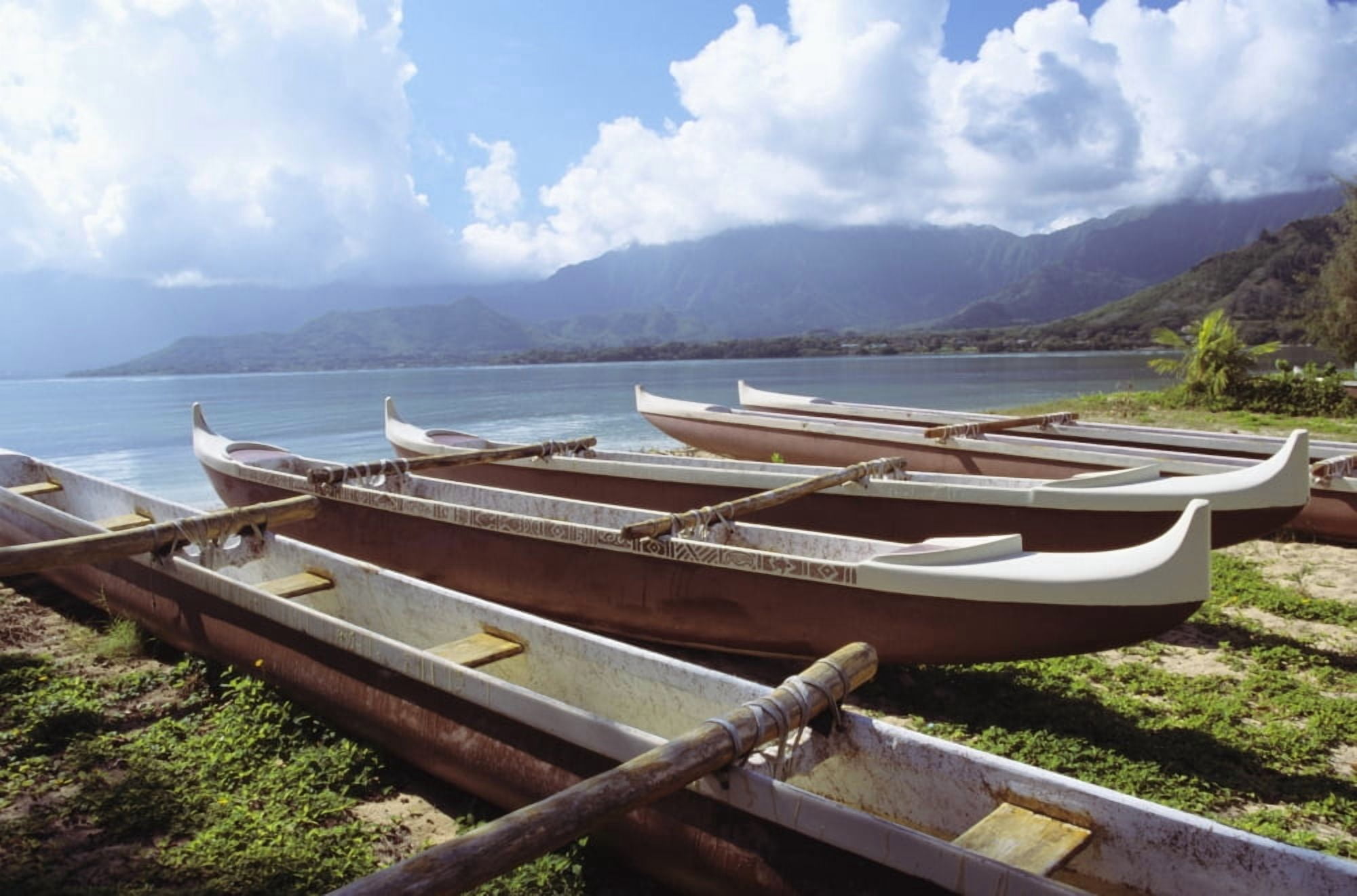 Hawaii Oahu Kaneohe Bay Secret Island Line Of Outrigger Canoes On Beach Canvas Art - Joss Descoteaux Design Pics (34 x 22)