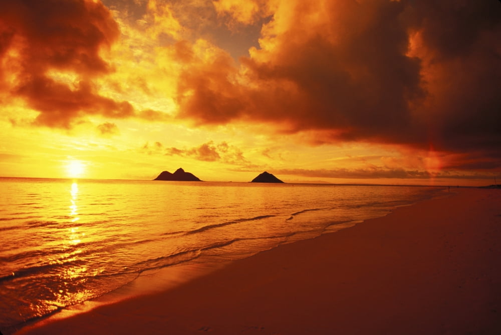 Hawaii Oahu Lanikai Beach At Sunrise Orange Sky With Reflections Mokulua Islands Canvas Art - Dana Edmunds  Design Pics (34 x 22)