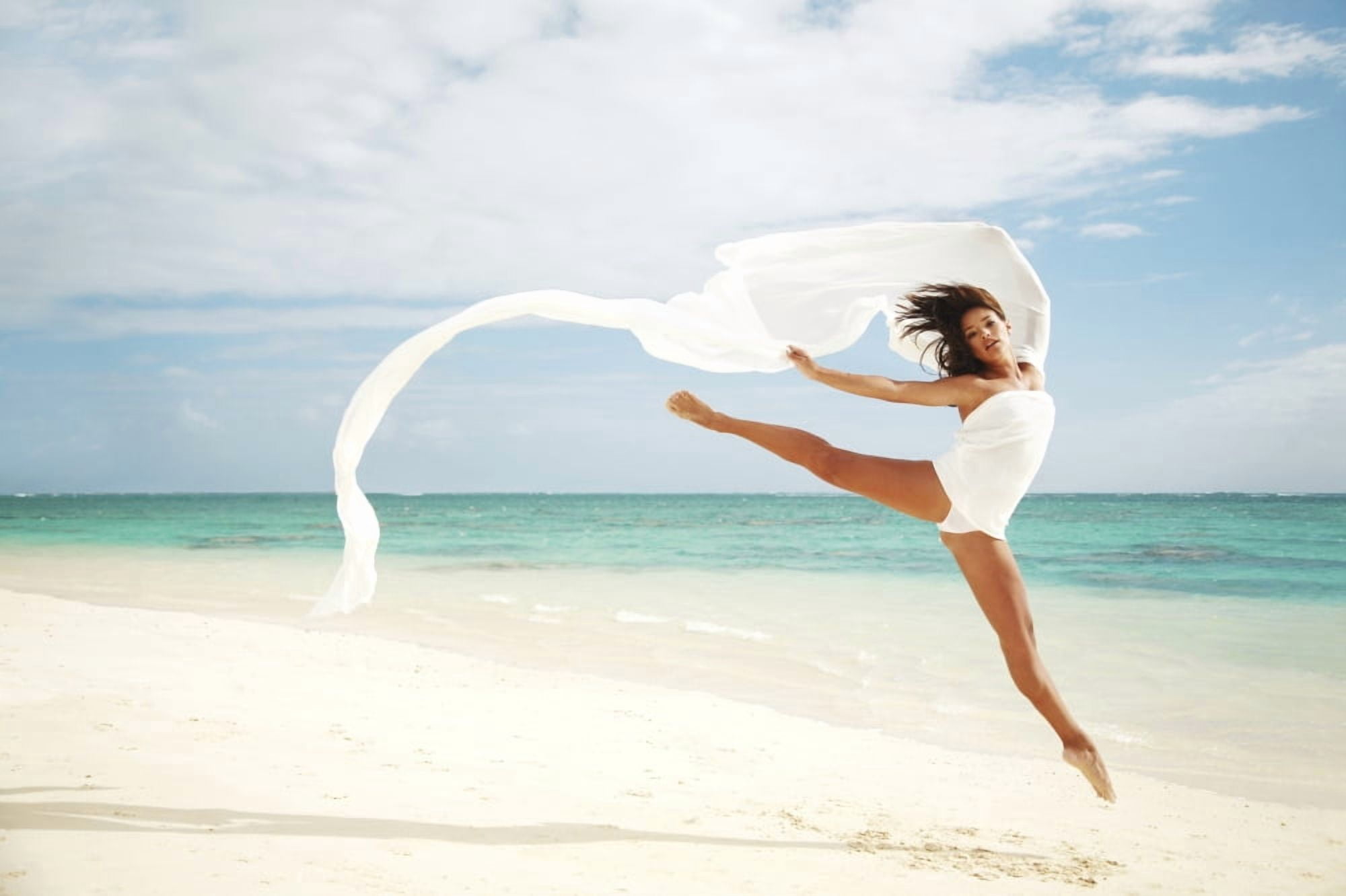 Hawaii Oahu Lanikai Beach Beautiful Female Ballet Dancer Leaping Into Air On Beach With White Flowing Fabric Canvas Art - Brandon Tabiolo Design Pics (17 x 11)