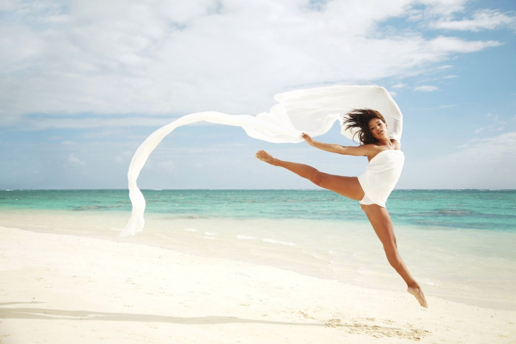 Hawaii Oahu Lanikai Beach Beautiful Female Ballet Dancer Leaping Into Air On Beach With White Flowing Fabric Canvas Art - Brandon Tabiolo Design Pics (34 x 22)