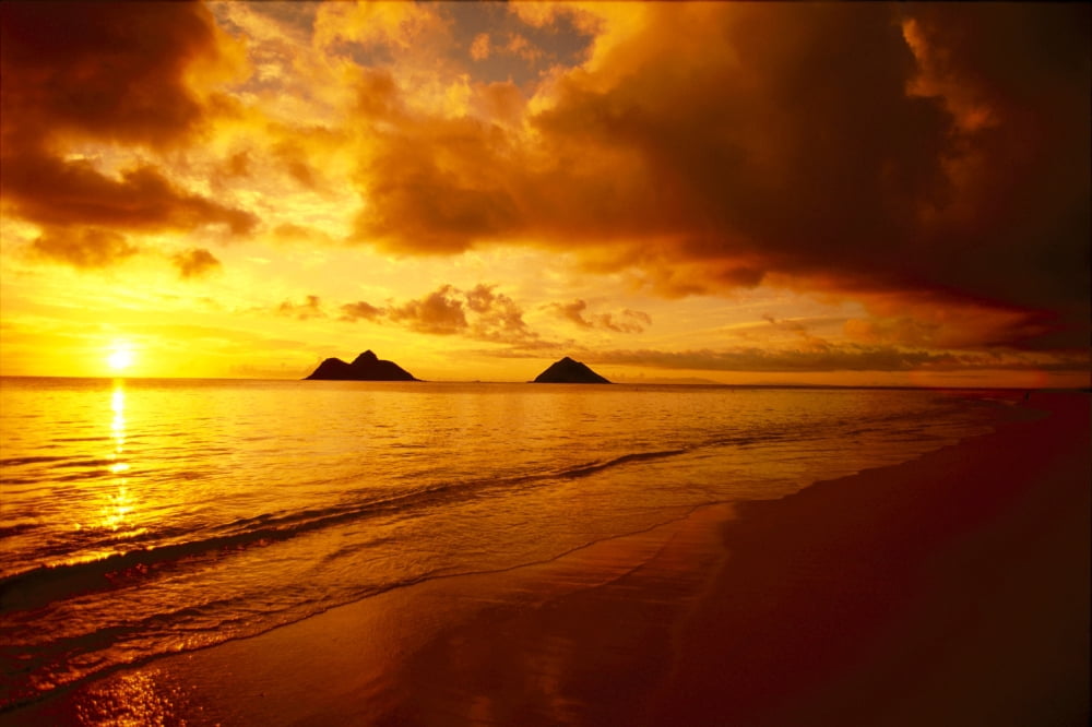 Hawaii Oahu Lanikai Beach Orange Sunrise Over Tranquil Ocean Mokulua Islands Canvas Art - Dana Edmunds  Design Pics (38 x 24)