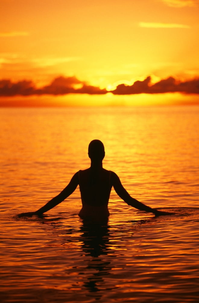 Hawaii Oahu Lanikai Beach Silhouette Of Woman Wading In The Ocean At Sunrise Canvas Art - Dana Edmunds Design Pics (24 x 38)