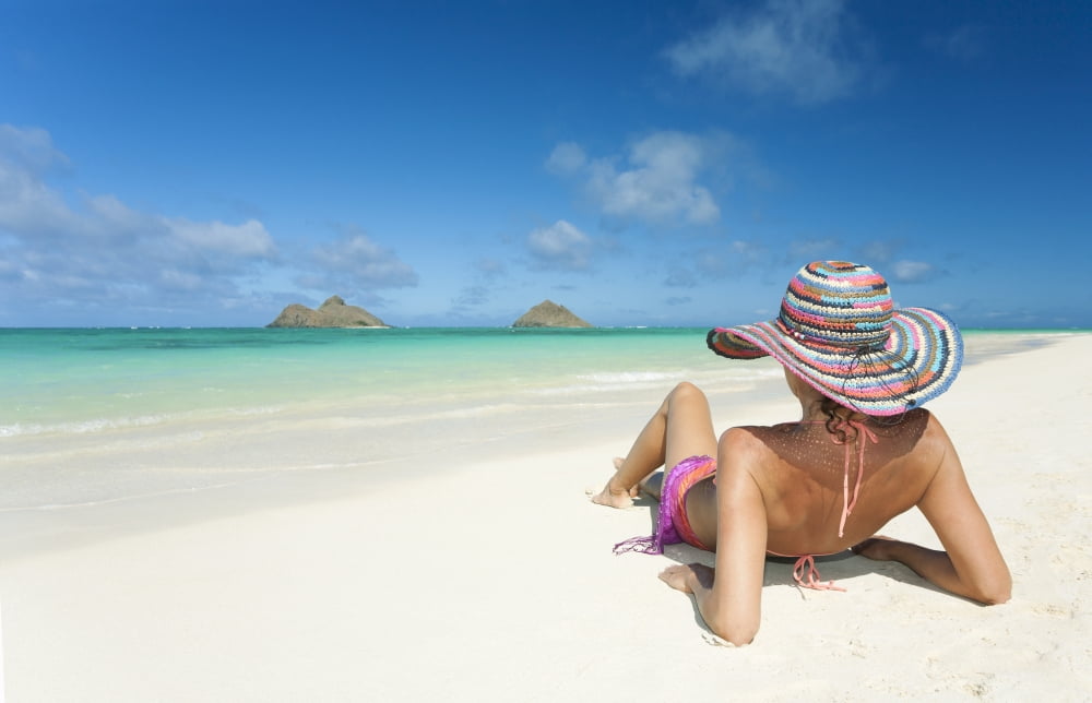 Hawaii Oahu Lanikai Beach Woman Relaxing Along Sandy Shore Canvas Art - M Swiet Productions Design Pics (34 x 22)