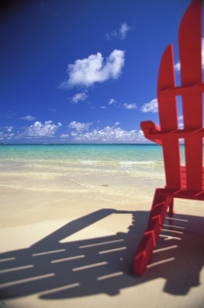 Hawaii Oahu Lanikai Close-Up View From Behind Red Adirondack Shadow On Shore Line Calm Turquoise Ocean Shoreline Canvas Art - Dana Edmunds Design Pics (11 x 18)