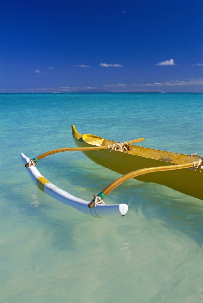 Hawaii Oahu Lanikai Close-Up Yellow Canoe In Turquoise Ocean Molokai Visible Background D1604 Canvas Art - Dana Edmunds Design Pics (12 x 19)