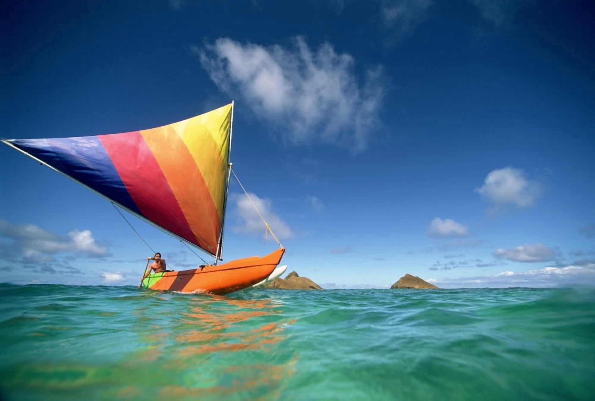 Hawaii Oahu Lanikai Man In Colorful Sailing Canoe Canvas Art - Dana Edmunds Design Pics (18 x 12)