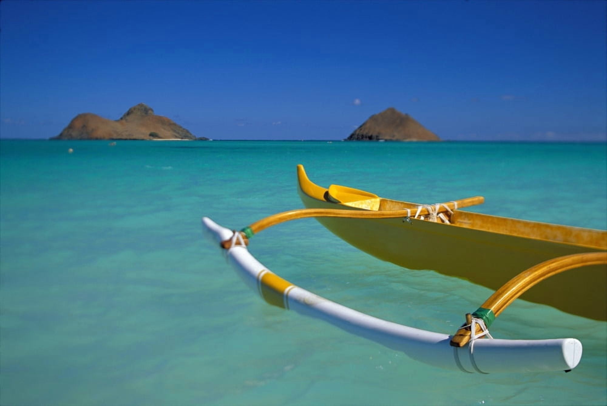 Hawaii Oahu Lanikai Outrigger Canoe In Turquoise Ocean Mokulua Islands Background D1418 Canvas Art - Dana Edmunds Design Pics (38 x 24)