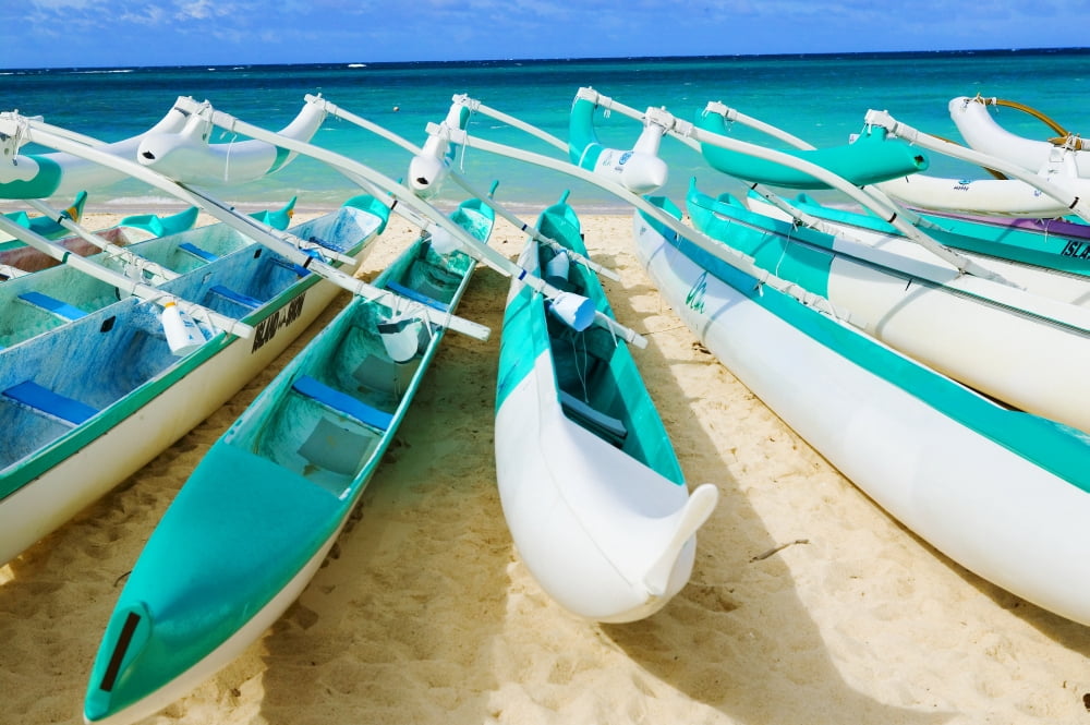Hawaii Oahu Lanikai Outrigger Canoes Stacked Along The Beach Canvas Art - Dana Edmunds Design Pics (18 x 12)
