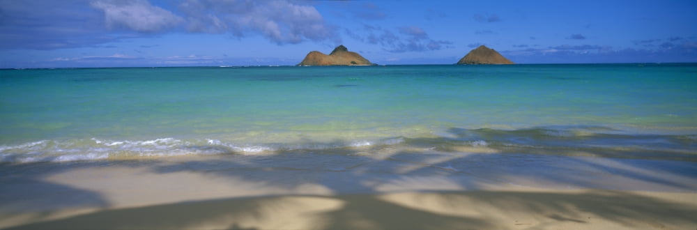 Hawaii Oahu Lanikai Shoreline With Palm Shadows Calm Turquoise Ocean Mokulua Islands Distance Panoramic Canvas Art - Bill Schildge Design Pics (27 x 8)
