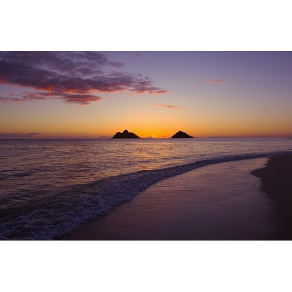 Hawaii, Oahu, Lanikai, Sunrise With The Mokolua Islands In The Distance. Poster Print (36 x 24)
