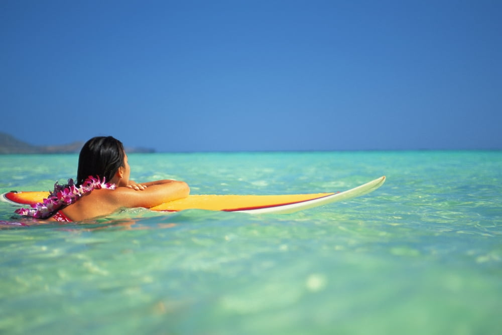 Hawaii Oahu Lanikai Woman Resting On Surfboard Looking Out On Clear Teal Water Canvas Art - Dana Edmunds Design Pics (17 x 11)