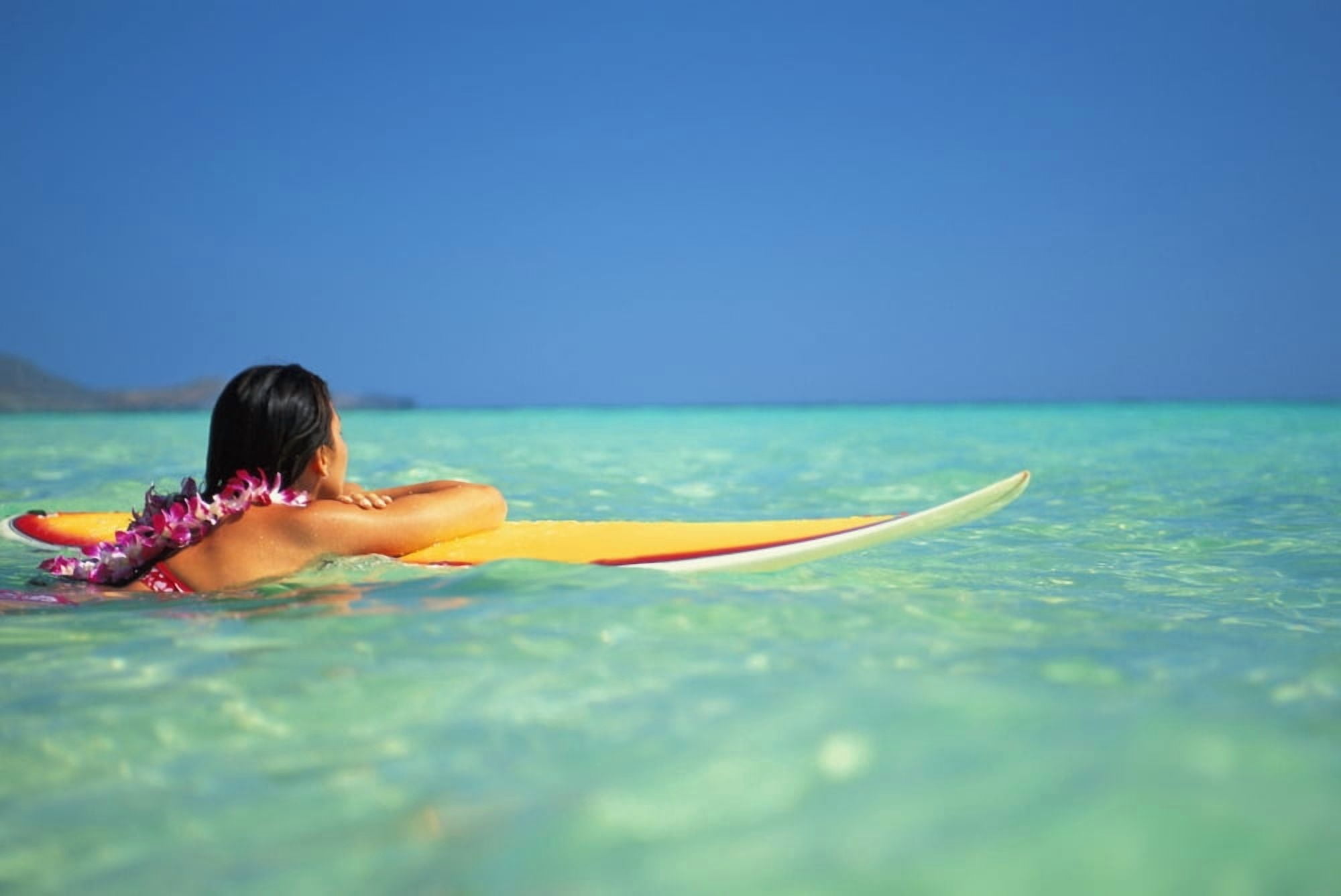 Hawaii Oahu Lanikai Woman Resting On Surfboard Looking Out On Clear Teal Water Canvas Art - Dana Edmunds  Design Pics (34 x 22)