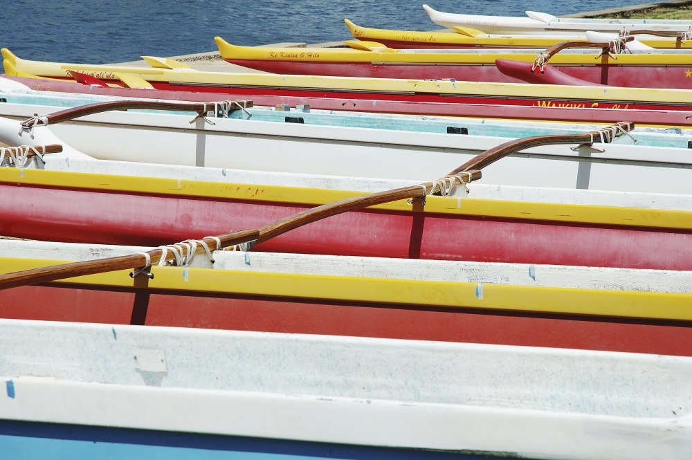 Hawaii Oahu Lineup Of Colorful Outrigger Canoes Canvas Art - Mary Van de Ven Design Pics (17 x 11)