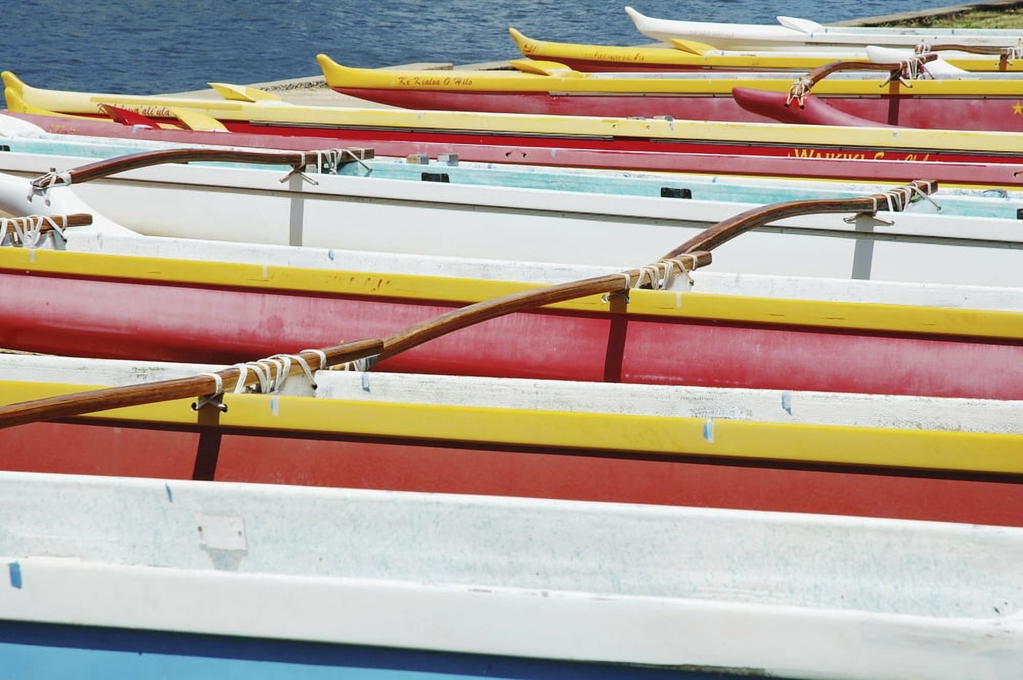 Hawaii Oahu Lineup Of Colorful Outrigger Canoes Canvas Art - Mary Van de Ven  Design Pics (34 x 22)