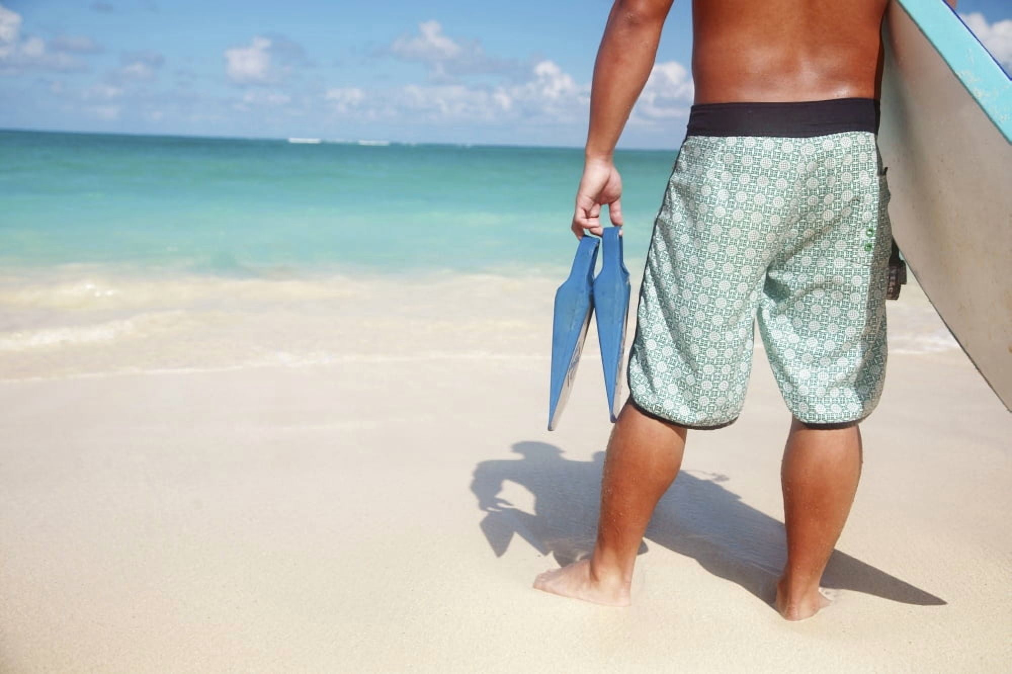 Hawaii Oahu Local Male Holding A Bodyboard And Fins At The Beach View From Behind Canvas Art - Brandon Tabiolo  Design Pics (17 x 11)