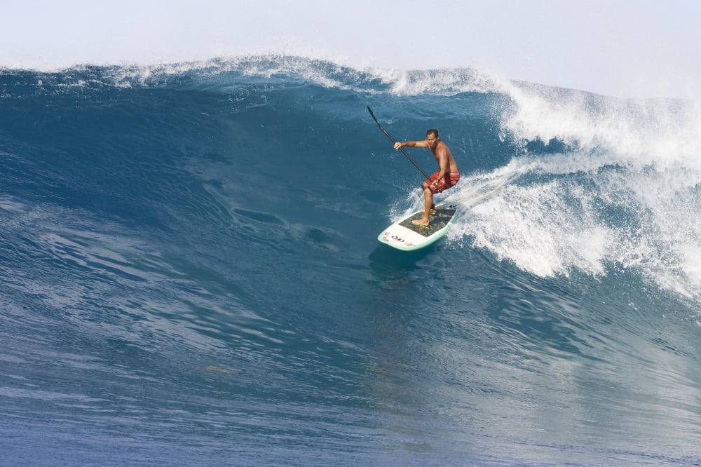Hawaii Oahu Makaha Brian Keaulana Paddle Surfing A Big Wave Canvas Art - Joss Descoteaux Design Pics (34 x 22)