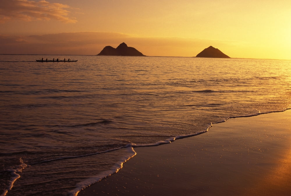 Hawaii Oahu Mokulua Islands Outrigger Canoe Paddlers Off Lanikai Beach At Sunrise Canvas Art - Dana Edmunds Design Pics (34 x 22)