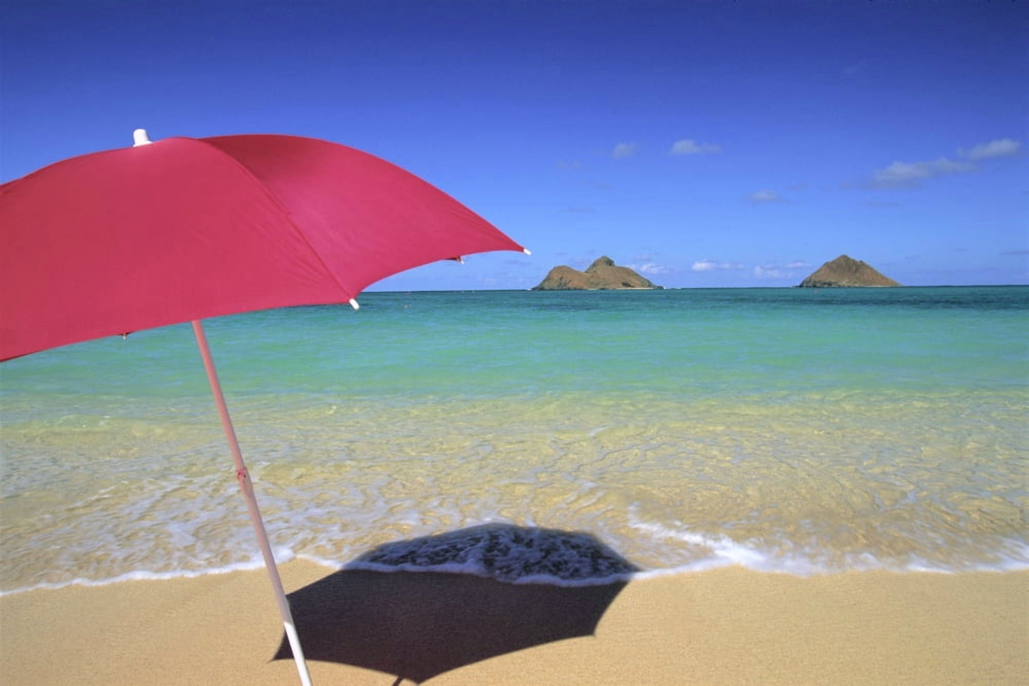 Hawaii Oahu Mokulua Islands Red Umbrella And Shadow On Sand Turquoise Waters Blue Sky Canvas Art - Dana Edmunds Design Pics (19 x 12)