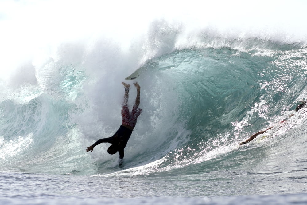 Hawaii Oahu North Shore Afternoon Surfing On Large Waves Editorial Use Only Canvas Art - Vince Cavataio Design Pics (34 x 22)