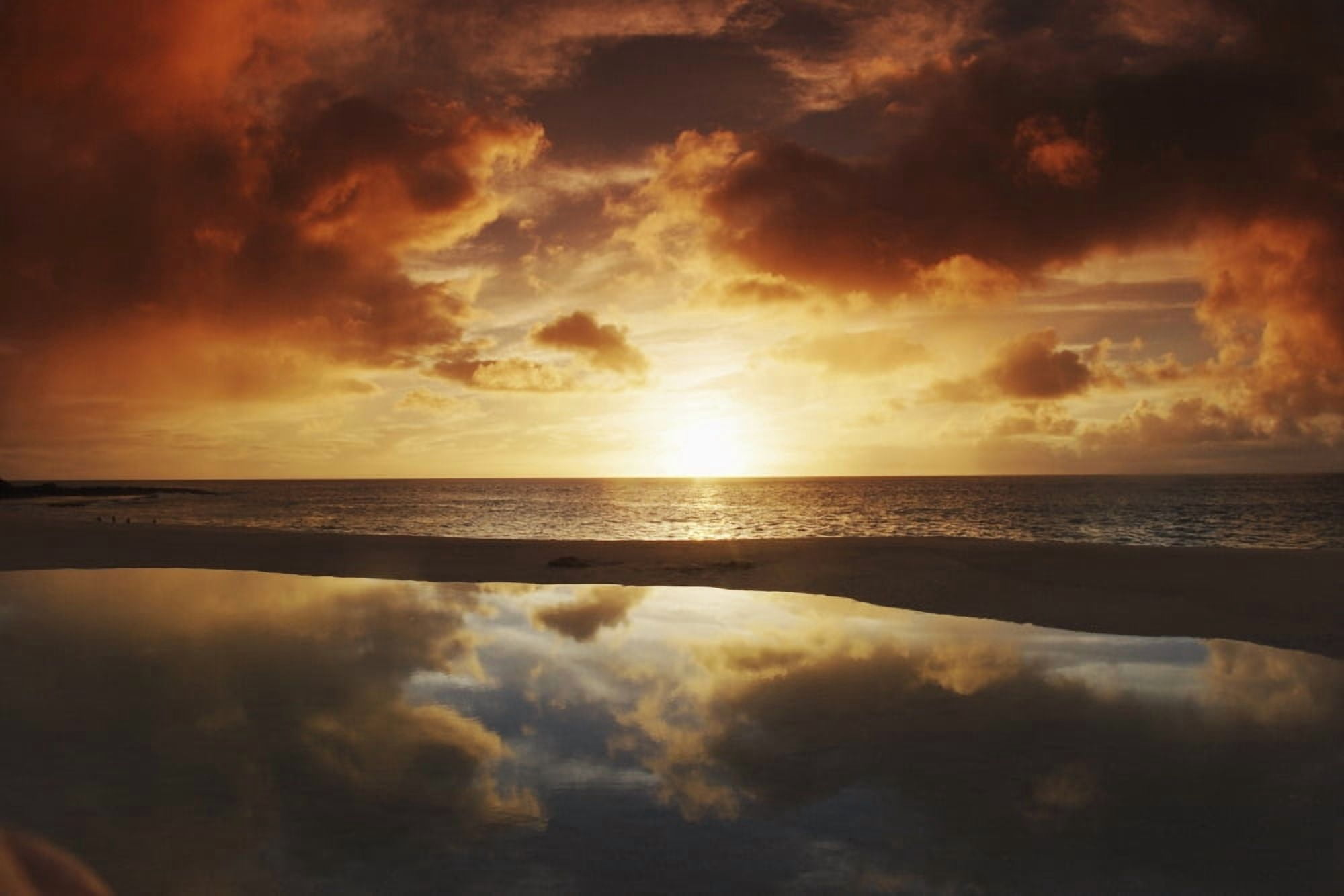 Hawaii Oahu North Shore Beach Tidepool Next To Ocean Reflecting The Sunset Sky Canvas Art - Vince Cavataio Design Pics (34 x 22)