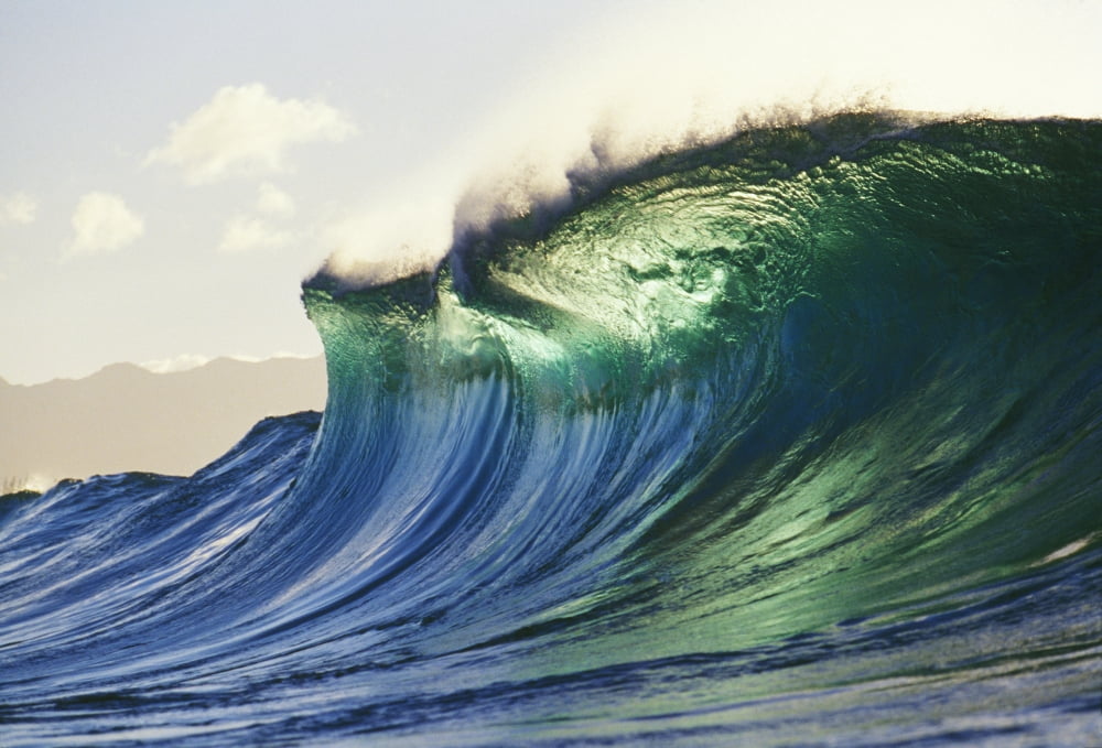 Hawaii Oahu North Shore Large Green Blue Wave About To Curl Mountains In Background Canvas Art - Don King Design Pics (20 x 14)