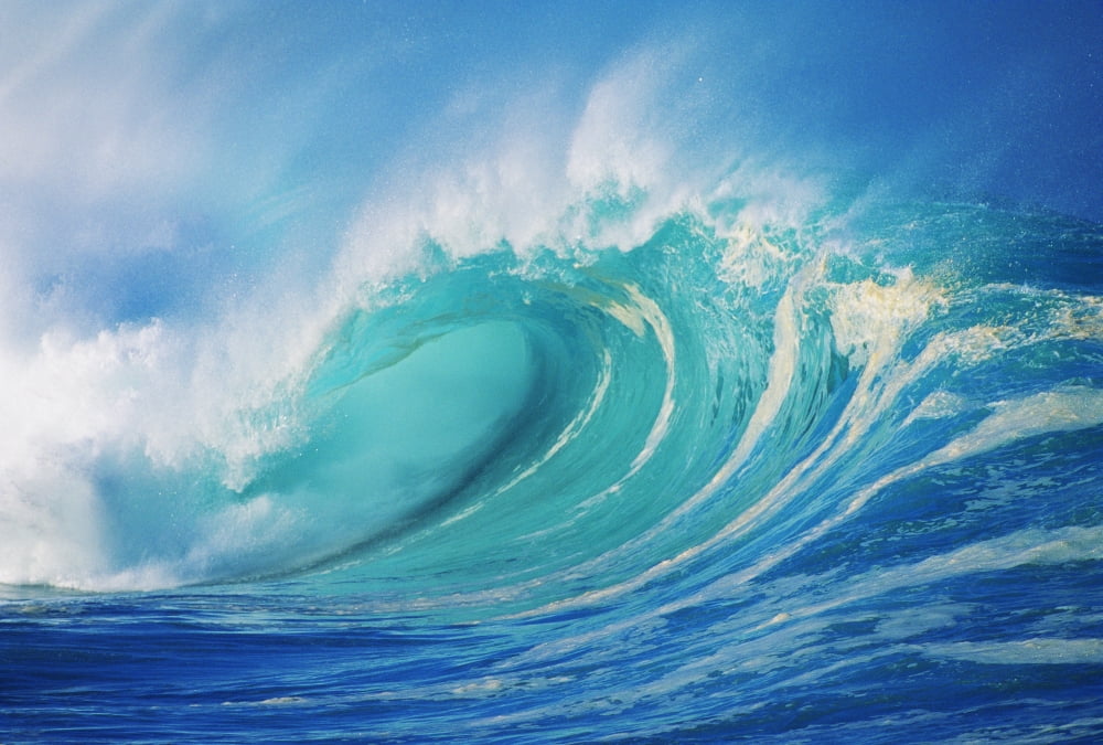 Hawaii Oahu North Shore Large Wave Curling Breaking With White Mist Blowing Back Canvas Art - Ron Dahlquist Design Pics (38 x 24)