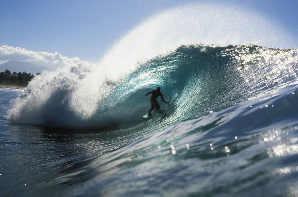 Hawaii Oahu North Shore Shadow Of Surfer In Pipeline Wave Canvas Art - Vince Cavataio Design Pics (34 x 22)