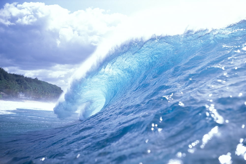 Hawaii Oahu North Shore Side View Of Clear Blue Wave In The Curl Look To White Sky Canvas Art - Vince Cavataio Design Pics (19 x 12)