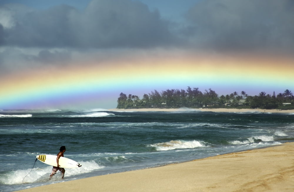 Hawaii Oahu North ShoreNsurfer Exiting Water Admires A Beautiful Bright Rainbow Editorial Use Only Canvas Art - Vince Cavataio Design Pics (36 x 24)
