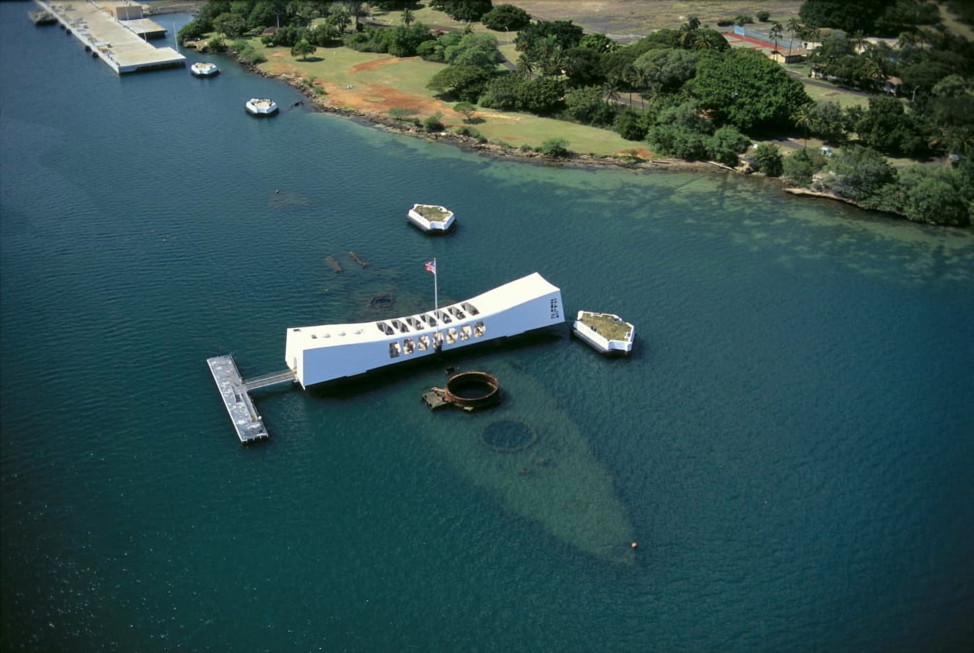 Hawaii Oahu Pearl Harbor Arizona Memorial Aerial View With Ship Visible Below A42A Canvas Art - Dana Edmunds Design Pics (38 x 24)