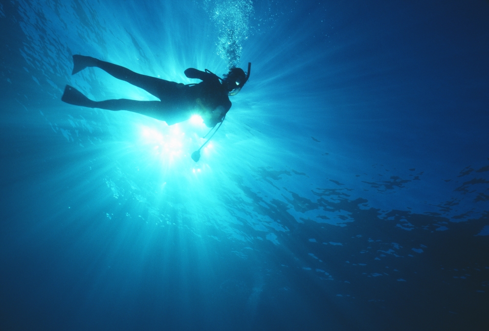 Hawaii Oahu Silhouette Of Scuba Diver Near The Surface Above Mahi Wreck Canvas Art - Chris Abraham Design Pics (38 x 24)