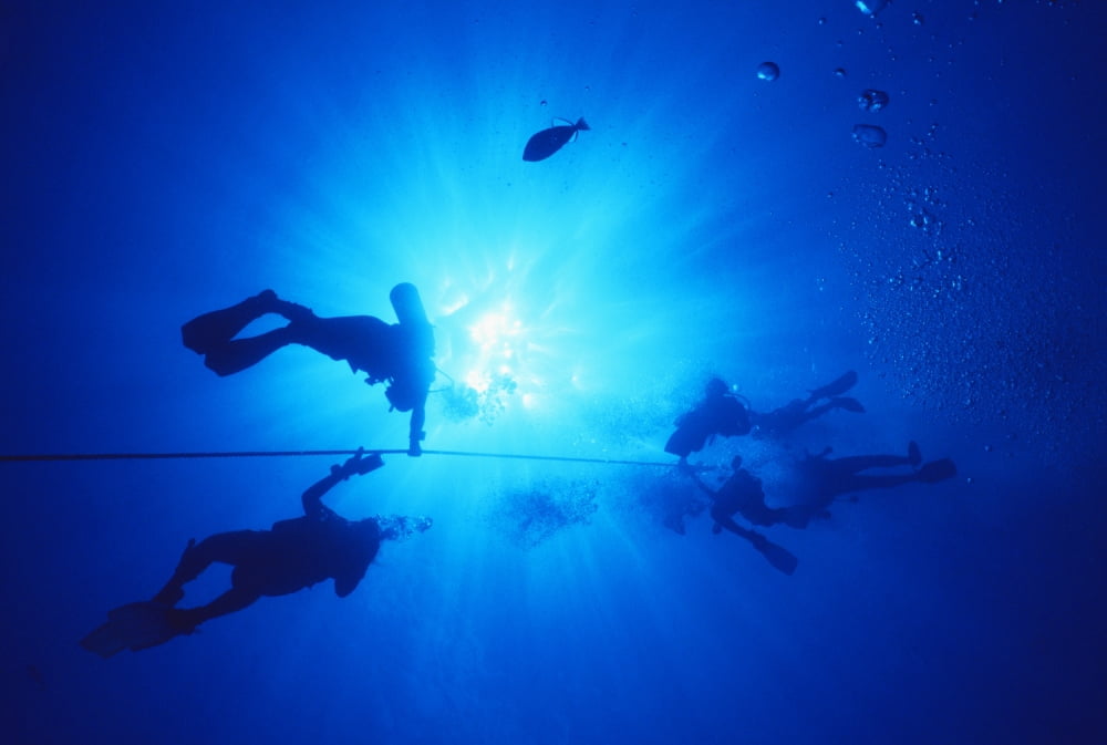 Hawaii Oahu Silhouette Of Scuba Divers Near The Surface Above Mahi Wreck Ascending The Anchor Line Canvas Art - Chris Abraham Design Pics (19 x 12)