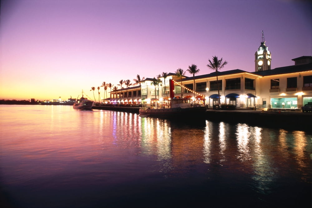 Hawaii Oahu View Of Aloha Tower And Harbor At Sunset Pink And Yellow Tones Canvas Art - Carl Shaneff Design Pics (19 x 12)