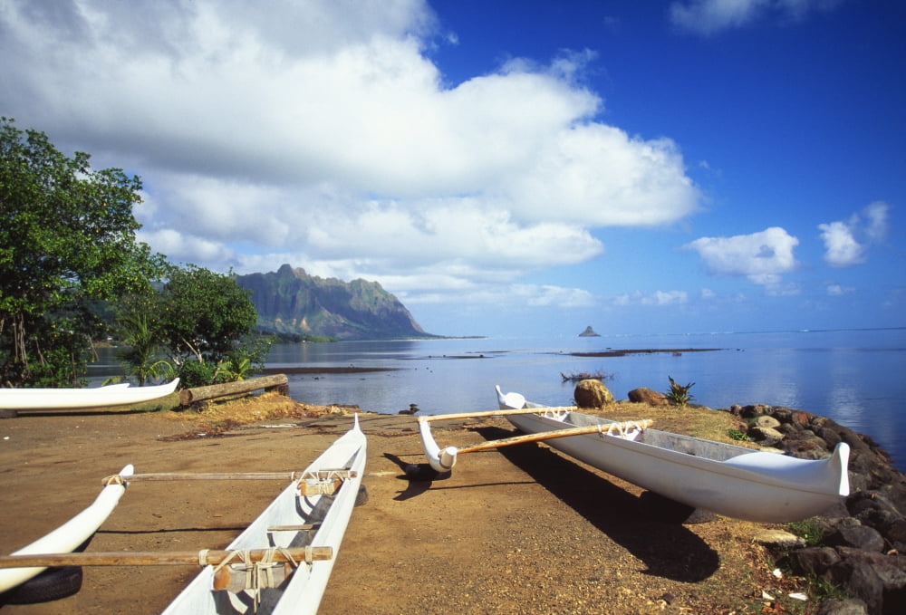 Hawaii Oahu Waiahole Outrigger Canoes On Beach Turquoise Water Canvas Art - Chris Abraham Design Pics (36 x 24)