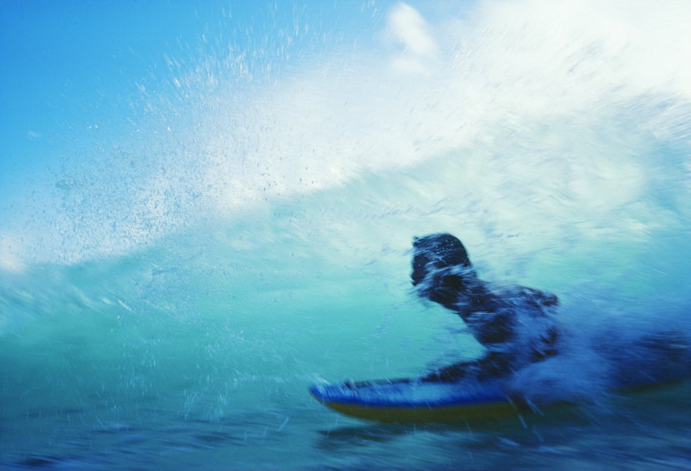 Hawaii Oahu Waikiki Boogieboarder Riding Inside Wave Canvas Art - Chris Abraham Design Pics (18 x 12)