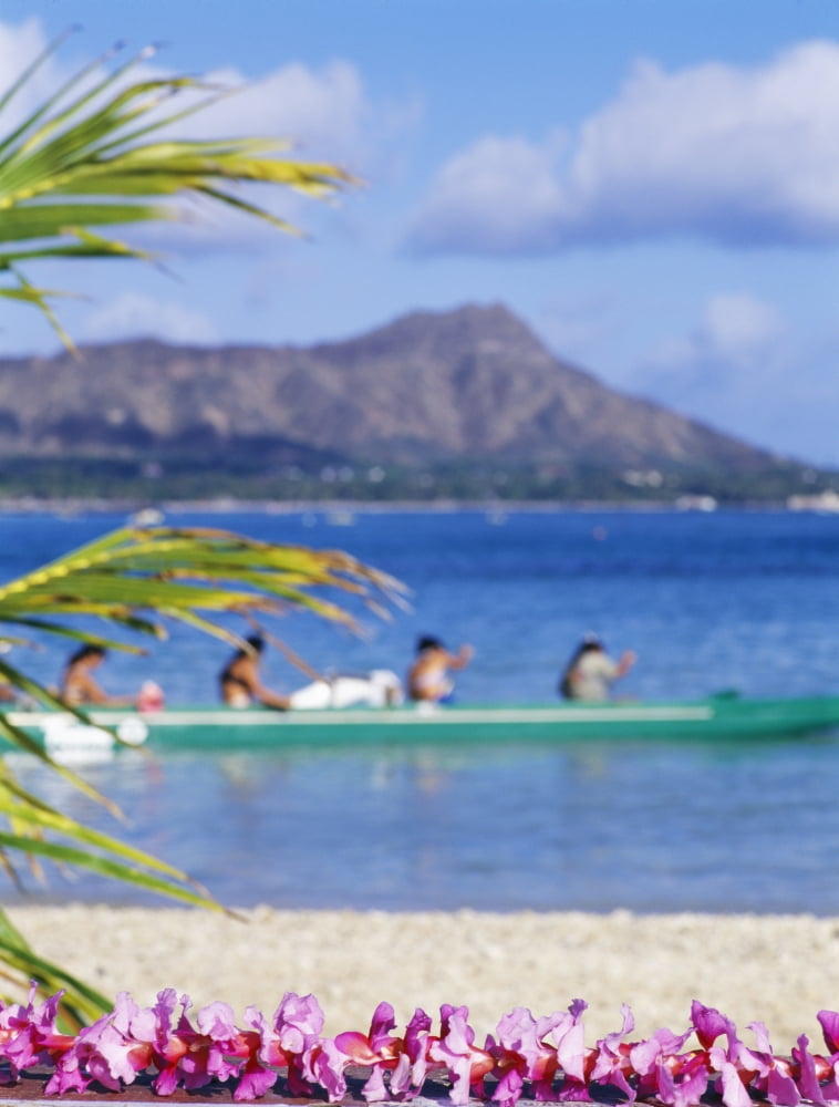 Hawaii Oahu Waikiki Diamond Head Canoe Paddlers With Orchid Lei In The Foreground Canvas Art - Sri Rusden Design Pics (26 x 34)