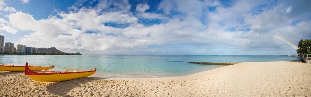 Hawaii Oahu Waikiki Outrigger Canoes On The Beach With A Rainbow And Diamond Head In The Background Canvas Art - M Swiet Productions Design Pics (27 x 8)